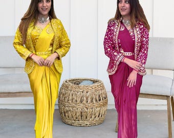 Ready To Wear Satin Silk Saree Set: Embroidered Jacket & Belt, Full Stitched