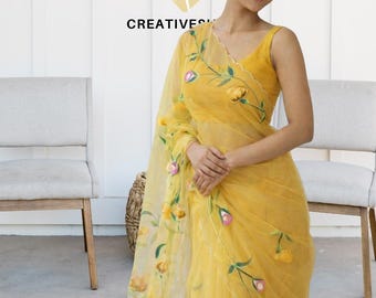 Yellow Organza Saree | Printed Handwork Floral Design, Ready-to-Wear Ethnic Wear
