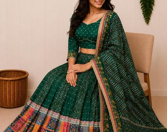 Printed Muslin Cotton Lehenga Set | Handmade Mirror Work | Kodi Lace Navratri & Wedding Wear