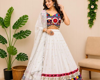 White Faux Georgette Lehenga Choli Set | Chain Stitch Mirror Work Bridal Wear