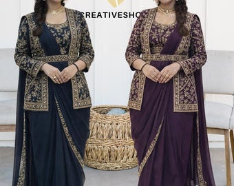 Georgette Jacket Saree | Embroidered Belt, EID Festive Outfit | Valentine