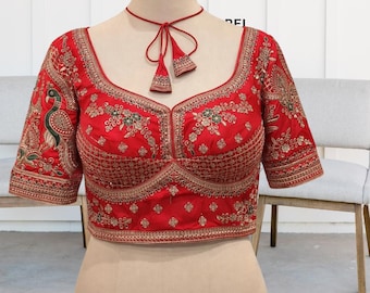 Red Zari Sequin Silk Blouse, Padded, Back Open Designer Saree Blouse
