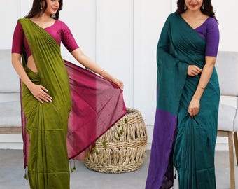 Khadi Baumwolle Saree : Handloom Ethnic Wear mit Kontrast Pallu