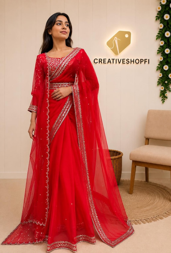 Tibby Silk Saree | Thread Sequin & Pearl Work Kamar Belt | Festive Indian Wear