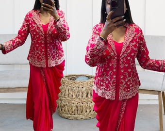 Ready-to-Wear Chinnon Silk Saree with Dupatta: Embroidered Blouse & Banglory Silk Jacket (Size 42-44