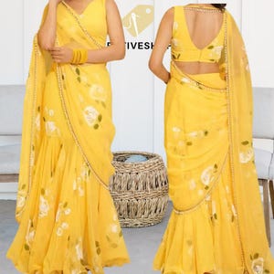 Bollywood Georgette Lehenga Saree: Digitaldruck, genähte Bluse (XL)