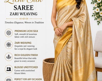 Golden Lichi Silk Saree: Zari Weaving, Jacquard Border, Rich Pallu