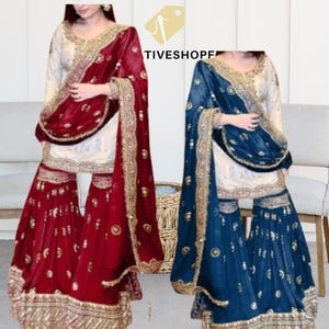 Embroidered Chinon Sharara Set: Sequins Kurta Dupatta, Stitched Indian Outfit