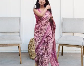 Digital Print Saree: Silver Zari Pallu Attached Gown, Full-Stitched