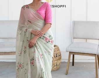 Ready to Wear Chiffon Silk Saree | Printed Handwork Stitched Saree with Satin Blouse