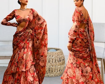 Georgette Ruffle Saree: Digital Print, Readymade Blouse & Attached Dupatta