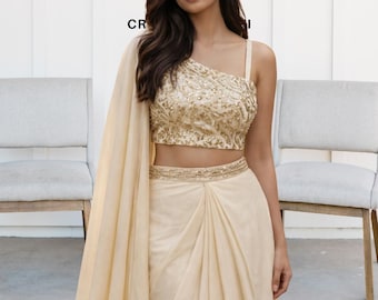 Dhoti Style Saree Ready to Wear, Embroidered Silk Saree, Wedding Guest Outfit, Indian Festive Wear, Pre Draped Saree Set