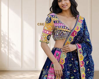 Digital Print Muslin Cotton Lehenga Choli Set with Real Mirror Work (Navratri Garba Outfit)