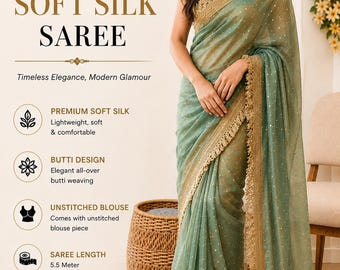 Sari tradicional de seda suave / Diseño Butti con borde y pallu de encaje / Ligero para fiestas