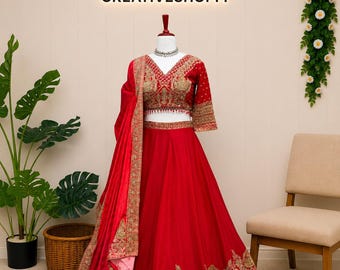 Royal Red Chinon Lehenga Choli Set | Sequin Coding Embroidery Wedding Wear