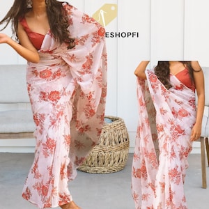 Ready to Wear Soft Georgette Saree with White Floral Design & Pallu | Banglory Silk Unstitched Blouse Piece Included | Trending Outfit |