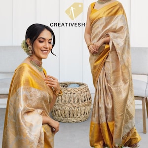 Golden color Soft Lichi Silk Saree with Golden Zari Weaving, Jacquard Border & Rich Pallu | Traditional Lightweight Festive Saree | Outfit