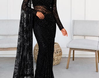 Bollywood Black Sequin Saree | Butterfly Net Party Wear Saree with Heavy Embroidered Blouse