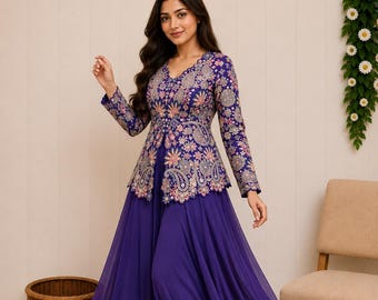 Georgette Palazzo Set for Women | Sequin Embroidered Top & Pants | Indian Party Wear Outfit | Festive Wedding 2 Piece Set