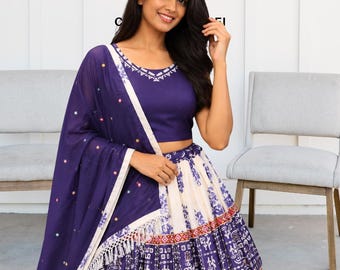 Navy Blue Color Muslin Cotton Chaniya Choli with Real Mirror Work | Digital Print Lehenga Set for Navratri