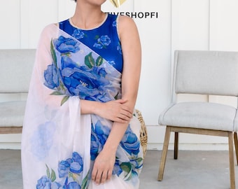 Organza Silk Saree with Handwork Print | Ready-to-Wear Party Saree & Blouse