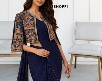 One minute Embroidered Chinnon Silk Blouse with Jacket | Designer Koti Saree Top Festive Wear