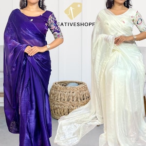Gorgeous Fandy Satin Saree with Designer Blouse | Bris Cut & Sequence Work | Elegant Party Wear | Soft Shine Drape | festive occasions