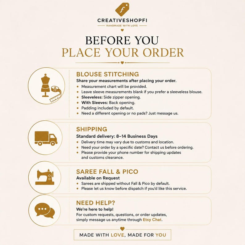 Peut inclure: Un graphique informatif intitul&eacute; BEFORE YOU PLACE YOUR ORDER par CREATIVESHOPFI. Il pr&eacute;sente des instructions pour la couture de chemisiers, l'exp&eacute;dition, les services de saree fall et pico, et les contacts de support via des ic&ocirc;nes et du texte.