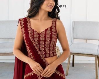 Ready to Wear Crepe Silk Saree | Embroidered Wedding Party Festive Wear