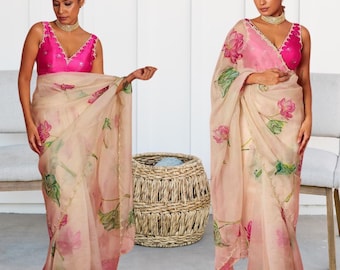 Floral Print Organza Saree: Beads & Katdana Handwork, Matching Blouse