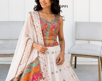 Pure White Color Designer Muslin Lehenga Set | Printed Real Mirror Work | Semi Stitched Ethnic Wear