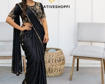 Ready-to-Wear Chinnon Silk Saree | Embroidered Lace Border, Stitched Blouse, Wedding Guest Outfit