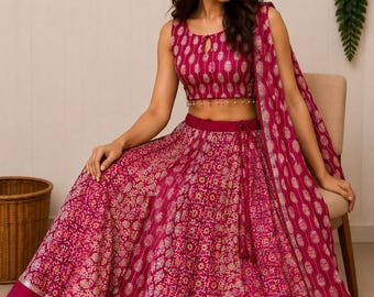 Handcrafted Ajrakh Print Lehenga Set | Pure Cotton Gota Patti Chaniya Choli | Festive Wear