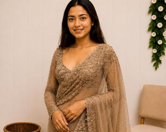 Golden Color Sequin Embroidered Net Saree | Heavy Butterfly Net Saree Embroidered Blouse | Wedding Saree | Gift for her