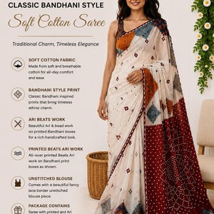 Soft Cotton Bandhani Saree | Ari Beads Embroidery & Fancy Lace Border Saree