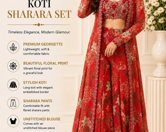 Floral Print Georgette Koti Sharara Set: Bollywood Indo Western Outfit