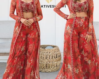 Floral Print Georgette Koti Sharara Set: Bollywood Indo Western Outfit