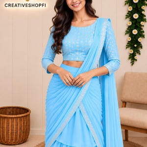 Ready-to-Wear Faux Georgette Ruffle Saree | Multi-Thread Sequin Work, Attached Dupatta