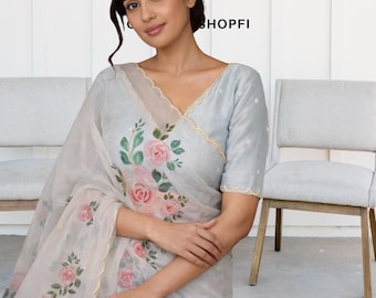 Organza Silk Saree with Hand-Painted Roses | Ready-to-Wear, Stitched Blouse