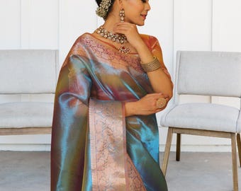 Jacquard Border Tissue Silk Saree: Rainbow Shining Color, Wedding Party