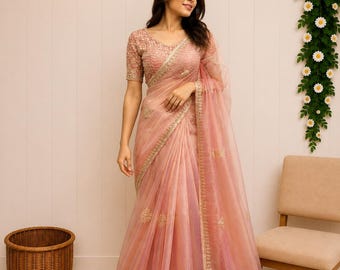 Peach Pink Color Pearl Beaded Silk Saree | Heavy Beads Work | Hand Embroidered | Wedding | Indian Party Wear |