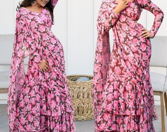 Digital Print Faux Georgette Lehenga Saree: Ruffle Dupatta, Full-Stitch Blouse