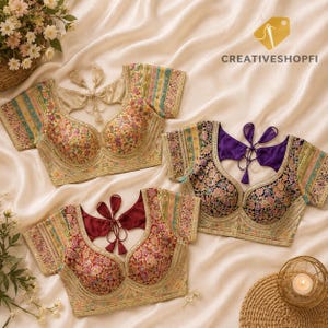 May include: Three cropped blouses featuring intricate floral embroidery and short sleeves. Each blouse has a deep back neckline with tie-up closures and tassels. The colors include cream, dark blue, and maroon. The text CREATIVESHOPFI is visible.