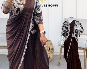 Elegant Indo-Western Chinon Saree with Fully Stitched Koti and Lace Border | Wedding | Partry | Gift