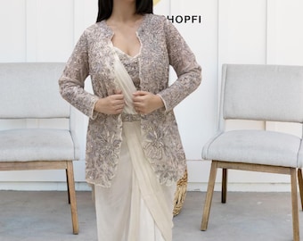 Embroidered Chinnon Silk Saree Set with Koti and Belt | Ready-To-Wear Designer Outfit