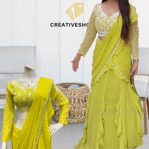 Partyware Ruffle Lehenga Saree in Georgette with Moti Lace Border & Sequin Embroidery Blouse | Party Wear Saree | Free Size | Festival wear
