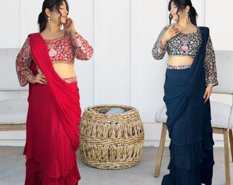 Georgette Ruffle Lehenga Saree: Embroidered Blouse, Attached Dupatta