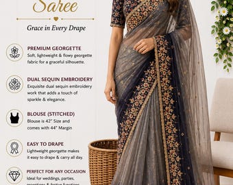 Shaded Chiffon Saree with Sequin Embroidery | Banglori Silk Blouse, Party Wear Indian Saree | Gift for Her