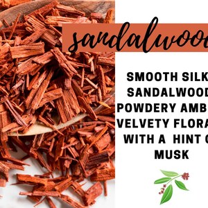 May include: Close-up of red sandalwood chips in a wooden spoon. The text "sandalwood" is written in a large font above the image. Below the image, the text reads "SMOOTH SILKY SANDALWOOD, POWDERY AMBER, VELVETY FLORALS WITH A HINT OF MUSK".