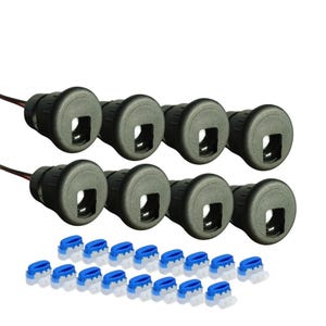May include: Eight black plastic electrical wire connectors with a square opening in the center.  The connectors are arranged in two rows of four.  There are 18 blue and white wire connectors below the black connectors.